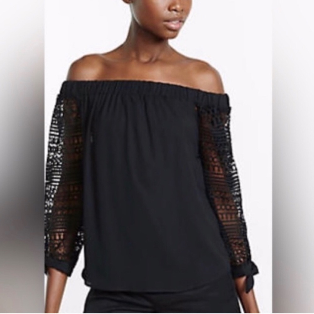 Express off the shoulder crochet tie sleeve blouse